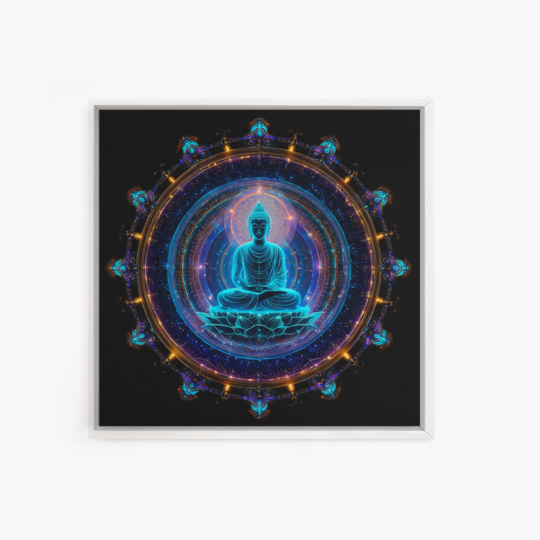 Mystical Neon Blue Buddha Mandala Spiritual Meditation Wall Art Canvas Print Yoga Room Decor