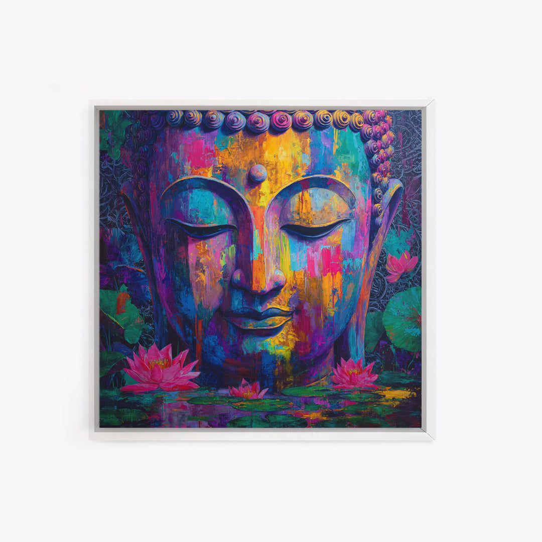 Colorful Buddha Lotus Wall Art, Spiritual Meditation Canvas Print, Boho Zen Decor, Psychedelic Abstract Painting