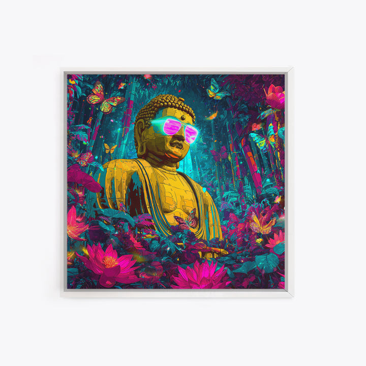 Neon Jungle Buddha With Butterflies Wall Art, Psychedelic Spiritual Canvas Print, Colorful Boho Home Decor