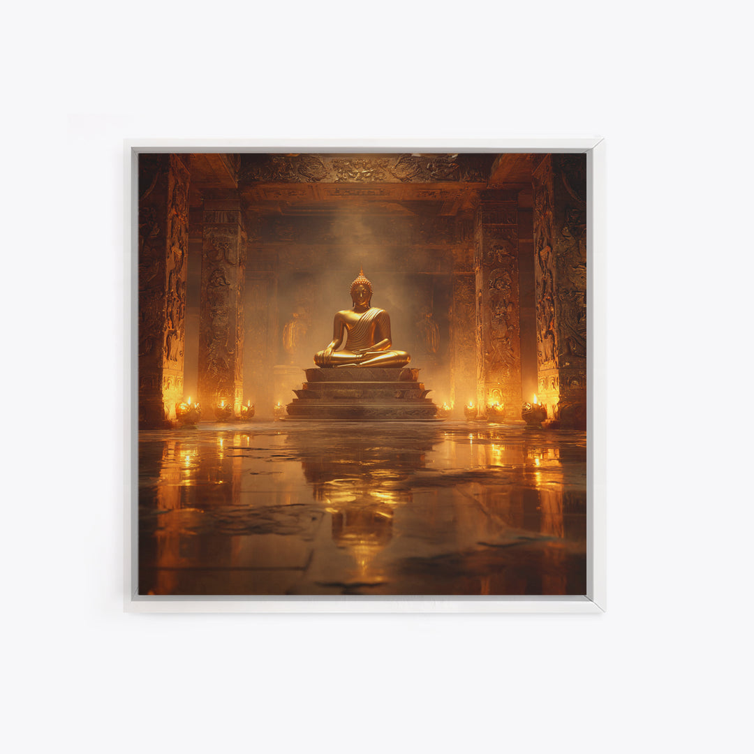 Golden Buddha Temple Wall Art, Serene Zen Statue Framed Canvas Print, Meditation Room Decor, Spiritual Asian Inspired Home Decor