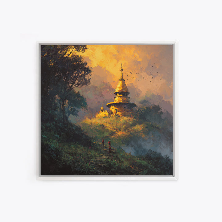 Golden Temple On Hill With Monks Walking Misty Path Wall Art Framed Canvas Print For Spiritual Home Decor