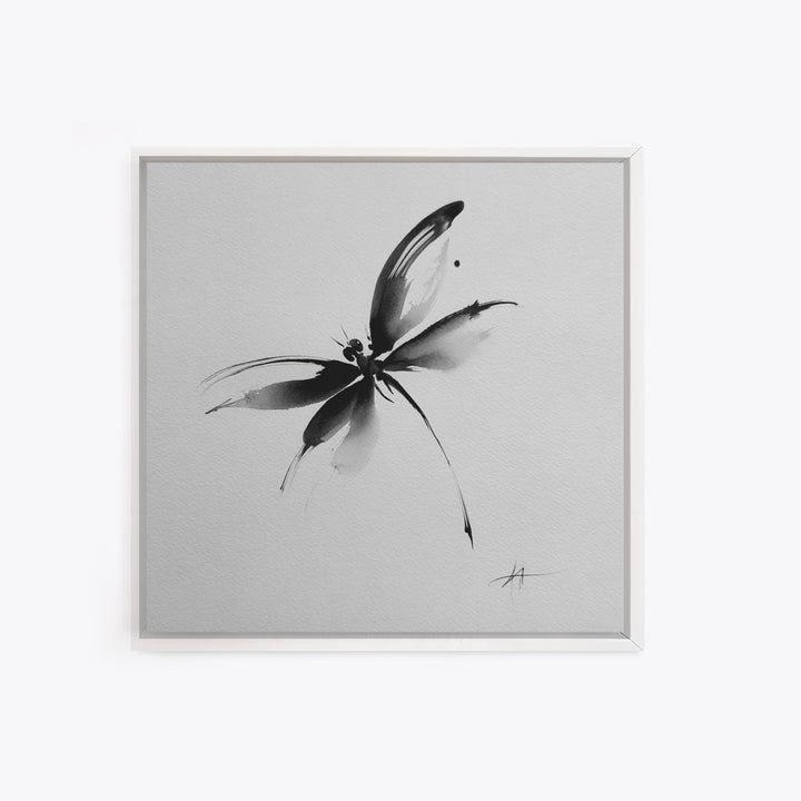 Black And White Ink Butterfly Minimalist Wall Art, Modern Abstract Brushstroke Print, Elegant Monochrome Framed Canvas