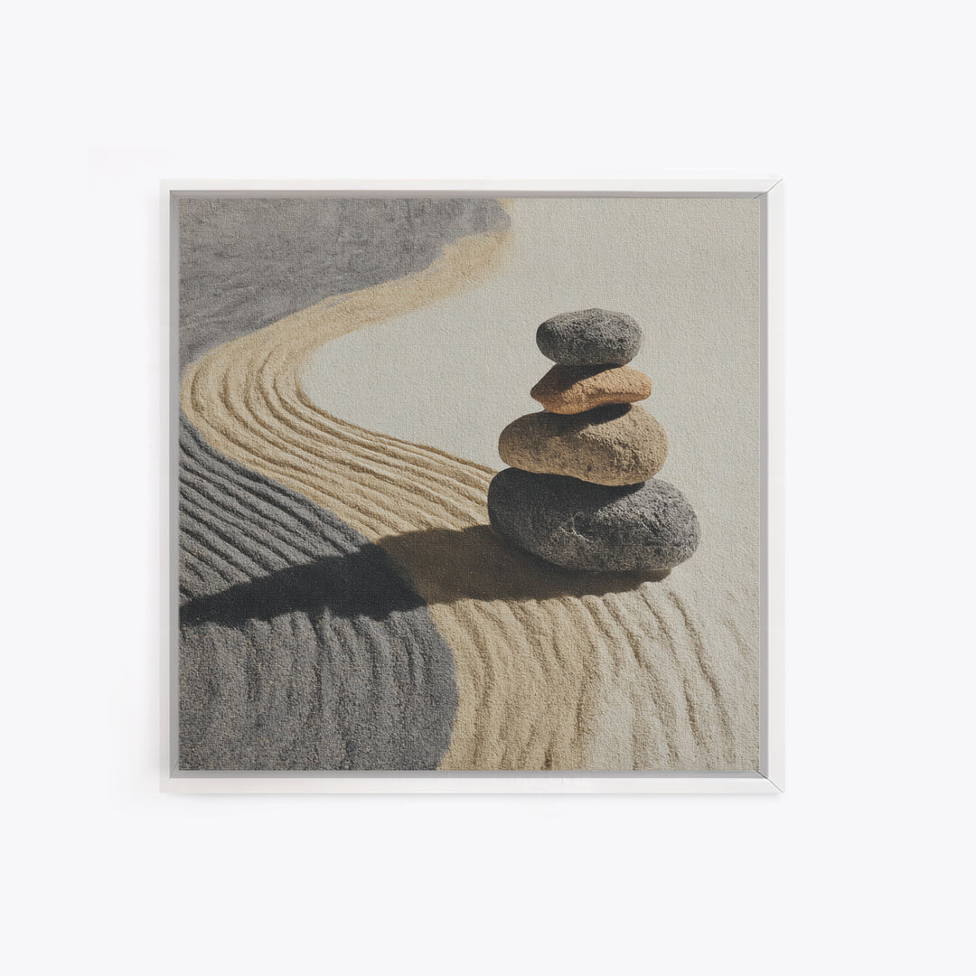 Zen Stones In Raked Sand Minimalist Wall Art, Neutral Abstract Canvas Print For Calming Modern Home Decor Living Room