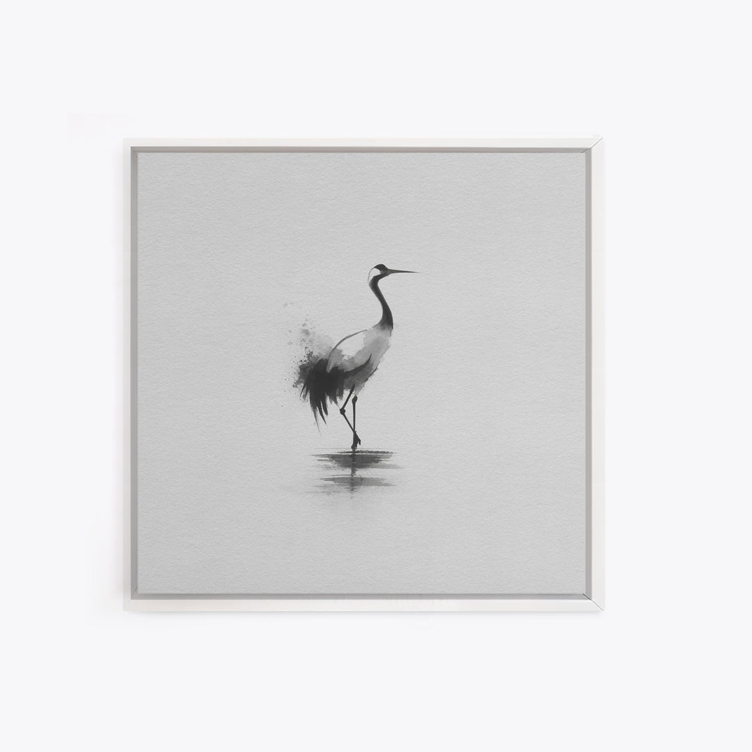 Minimal Japanese Crane Ink Wall Art, Black And White Bird Painting Canvas Print, Zen Nature Decor For Modern Home