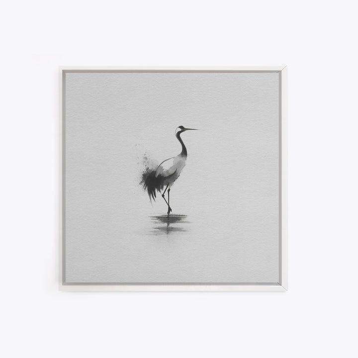 Minimal Japanese Crane Ink Wall Art, Black And White Bird Painting Canvas Print, Zen Nature Decor For Modern Home