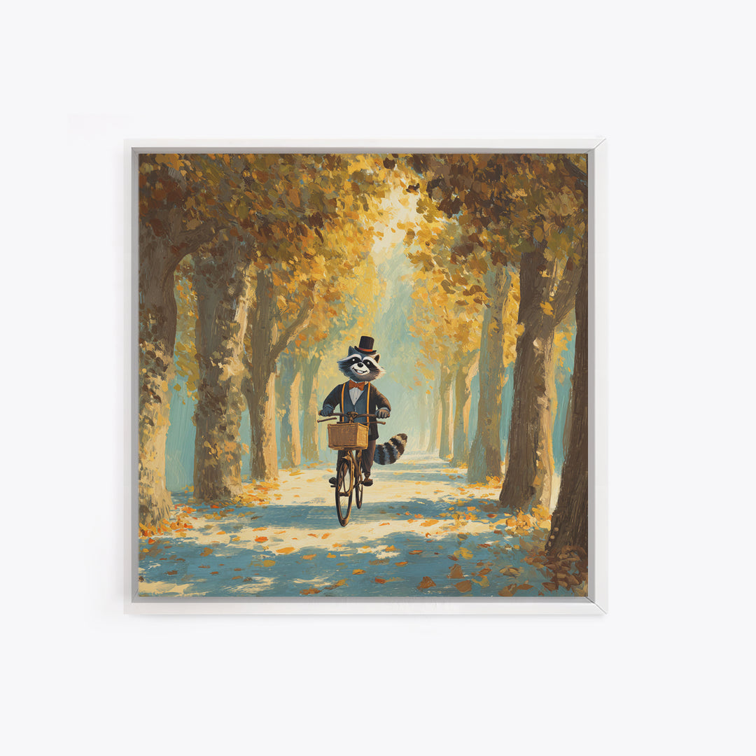 Whimsical Raccoon Riding Bicycle Wall Art, Cozy Autumn Woodland Animal Painting, Storybook Nursery Decor, Cute Kids Room Art