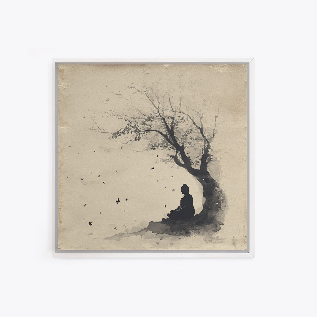 Calm Minimalist Ink Style Buddha Silhouette Under Tree Tranquil Wall Art Canvas Print Meditation Room Décor