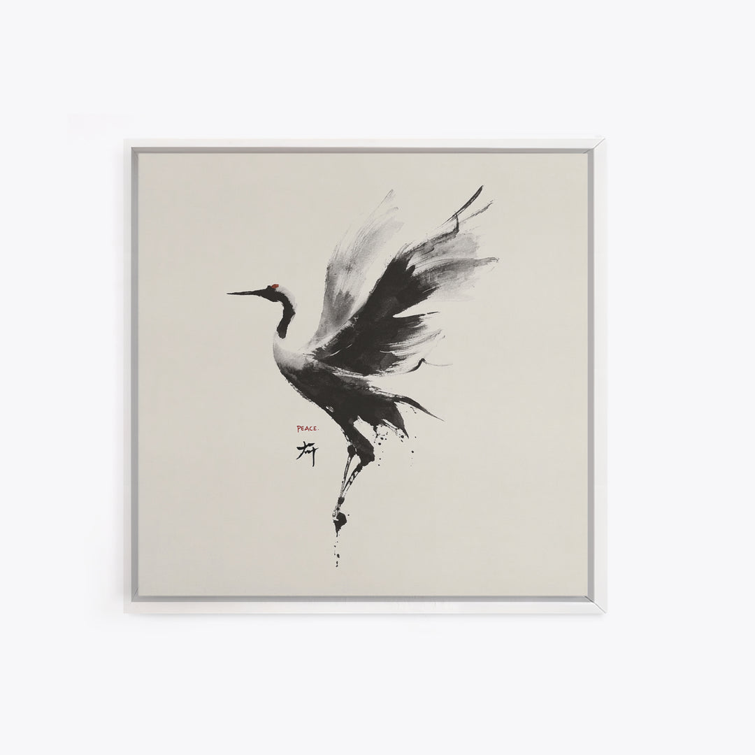 Japanese Ink Crane Bird Wall Art, Minimal Black And White Animal Canvas Print, Zen Japandi Home Decor
