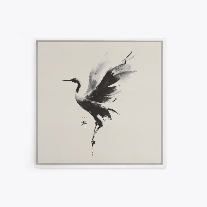 Japanese Ink Crane Bird Wall Art, Minimal Black And White Animal Canvas Print, Zen Japandi Home Decor