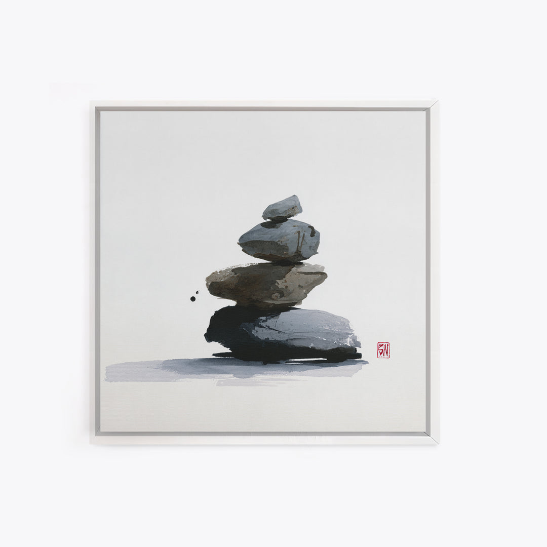 Minimal Zen Rock Stack Wall Art, Japanese Ink Stone Balance Canvas Print, Calm Japandi Home Decor