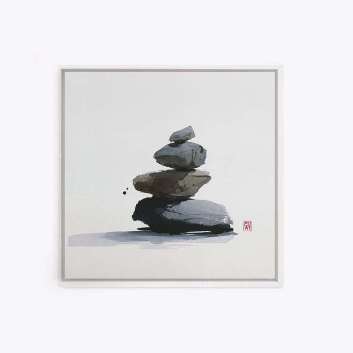 Minimal Zen Rock Stack Wall Art, Japanese Ink Stone Balance Canvas Print, Calm Japandi Home Decor