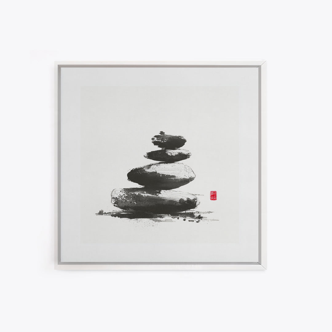 Zen Stone Stack Wall Art, Minimal Japanese Ink Rock Painting Canvas Print, Calming Spa Bathroom And Yoga Decor