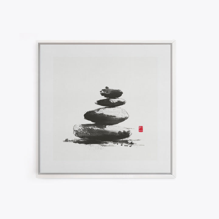 Zen Stone Stack Wall Art, Minimal Japanese Ink Rock Painting Canvas Print, Calming Spa Bathroom And Yoga Decor