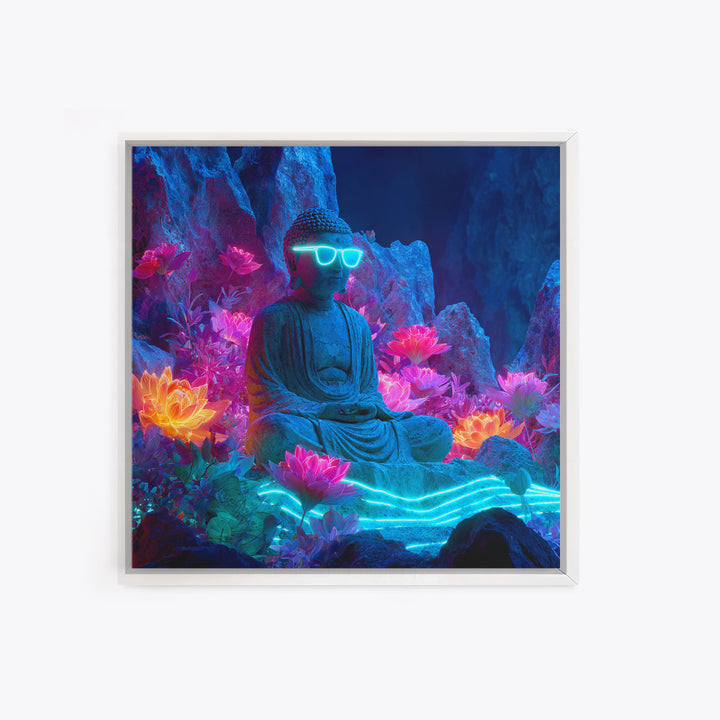 Neon Buddha Lotus Garden Canvas Print, Glowing Meditation Wall Art, Psychedelic Spiritual Decor For Yoga Room Or Boho Home