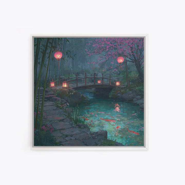 Serene Japanese Garden With Koi Fish And Lanterns Wall Art For Tranquil Home Decor Framed Canvas Print