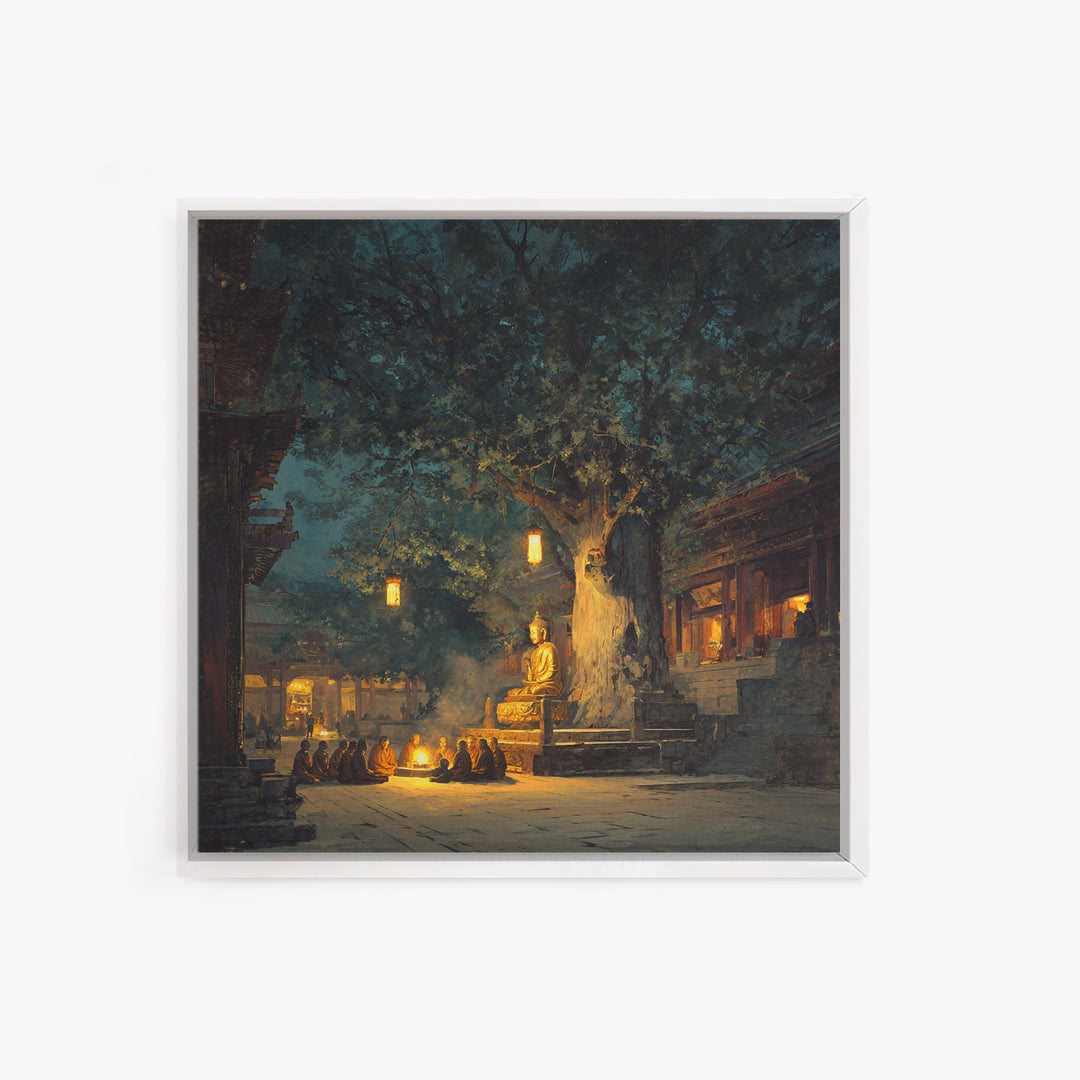 Moonlit Temple Gathering Wall Art, Mystical Night Buddha Landscape Canvas Print, Moody Spiritual Home Decor