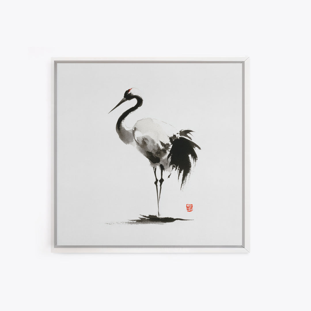 Minimalist Crane Ink Painting Wall Art Print, Japanese Zen Decor, Black And White Art, Japandi Wall Art, Modern Home Decor