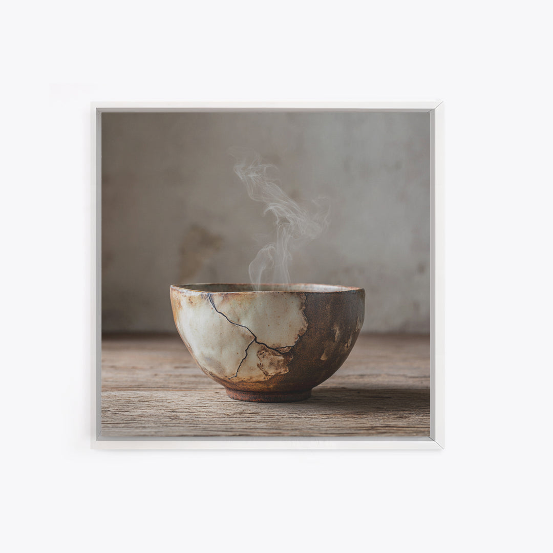 Wabi Sabi Ceramic Tea Bowl Wall Art, Rustic Japanese Canvas Print, Minimal Neutral Kitchen Decor, Organic Modern Home Wall Art