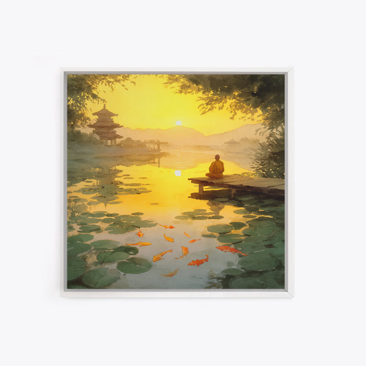 Golden Sunset Zen Lake With Koi And Temple Landscape Wall Art, Peaceful Japanese Decor Framed Canvas Print