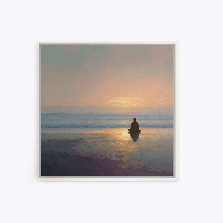 Meditation On Beach At Sunrise Wall Art, Minimalist Zen Seascape Canvas Print For Calming Bedroom Or Yoga Room Decor