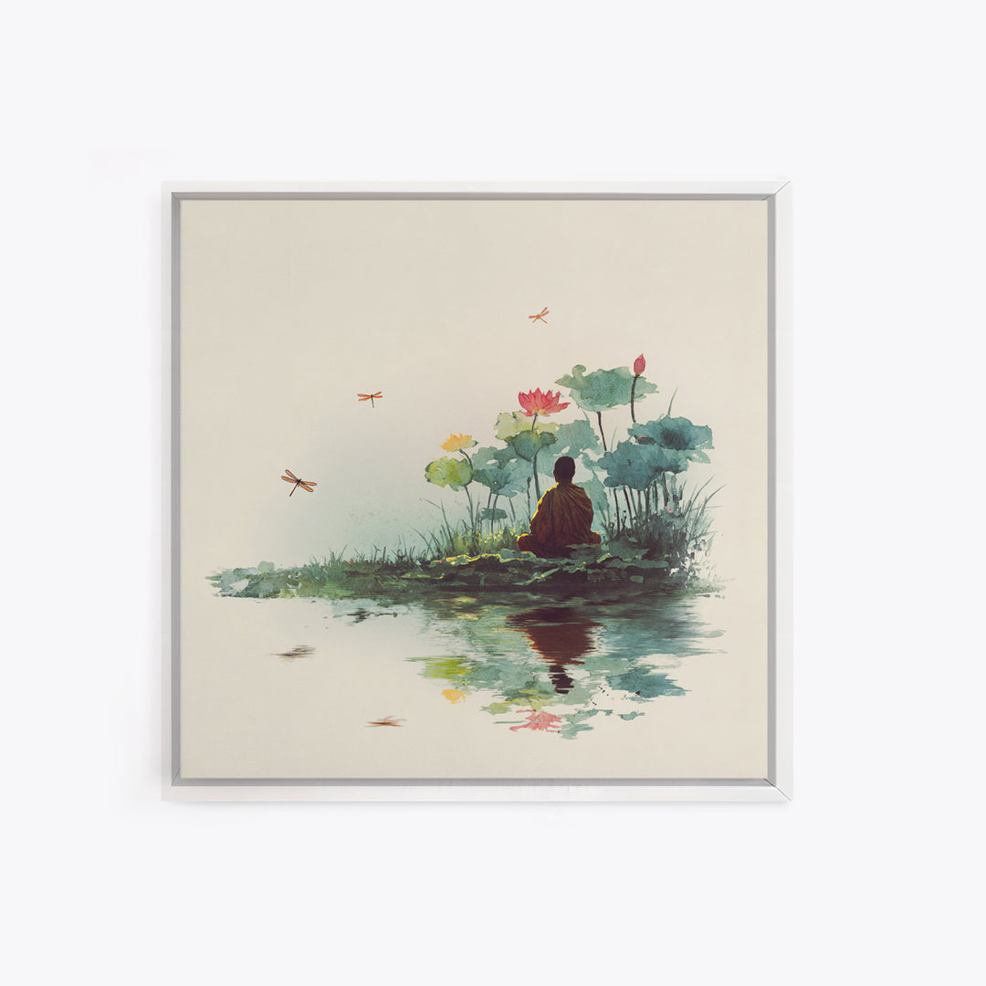 Meditation By Lotus Pond Wall Art, Peaceful Watercolor Landscape, Zen Mindfulness Decor, Yoga Studio Framed Canvas Print