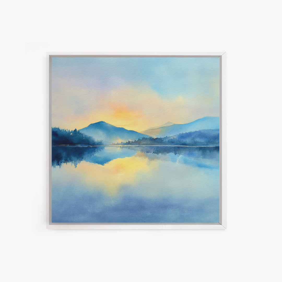 Soft Watercolor Mountain Lake Sunrise Wall Art, Calming Landscape Canvas Print, Serene Bedroom And Living Room Decor
