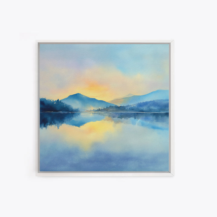 Soft Watercolor Mountain Lake Sunrise Wall Art, Calming Landscape Canvas Print, Serene Bedroom And Living Room Decor