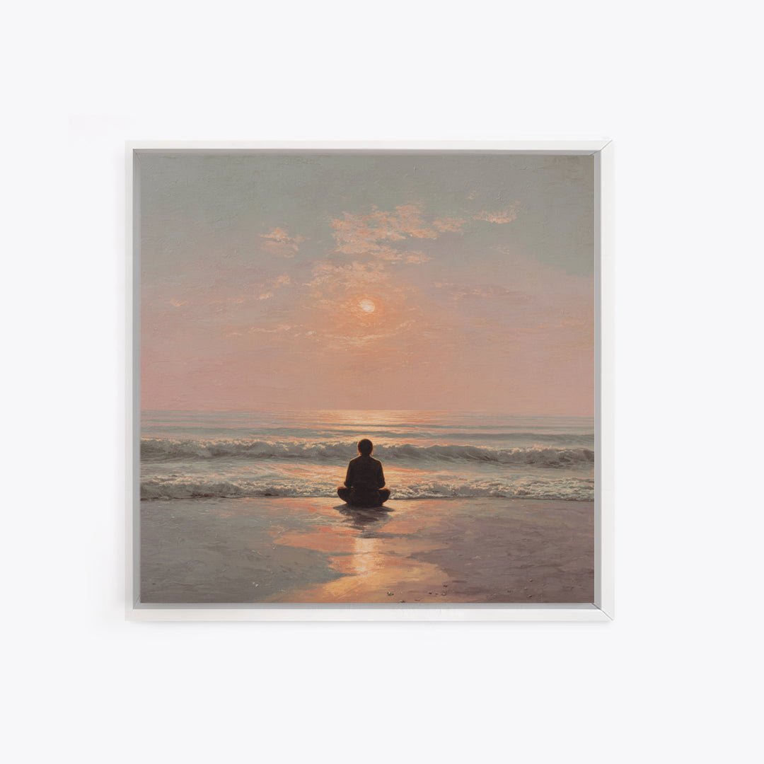 Sunset Beach Meditation Figure Wall Art, Serene Mindfulness Canvas Print, Calming Coastal Zen Bedroom Decor