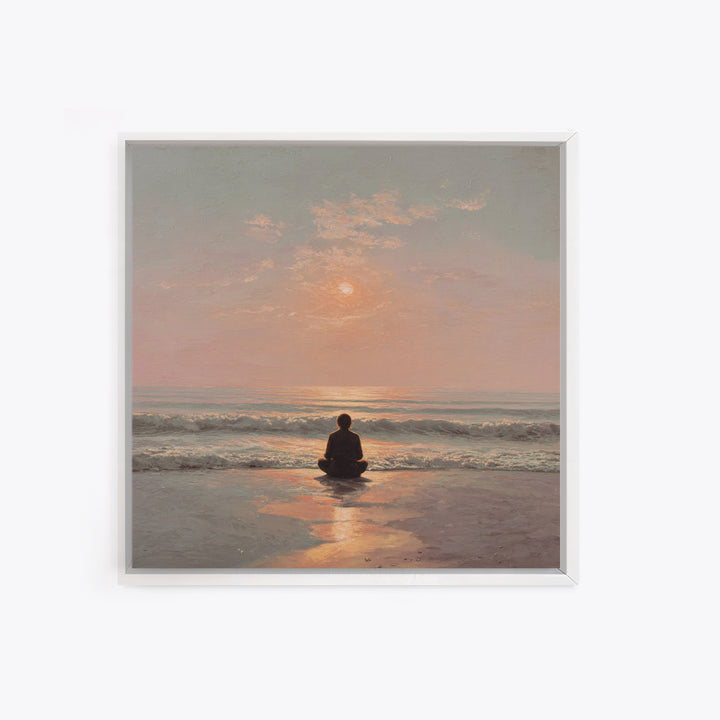 Sunset Beach Meditation Figure Wall Art, Serene Mindfulness Canvas Print, Calming Coastal Zen Bedroom Decor