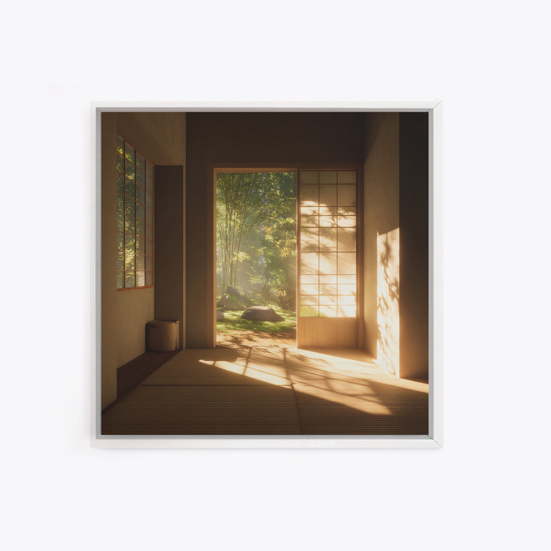 Minimal Japandi Zen Room With Garden View Wall Art, Serene Japanese Interior Framed Canvas Print