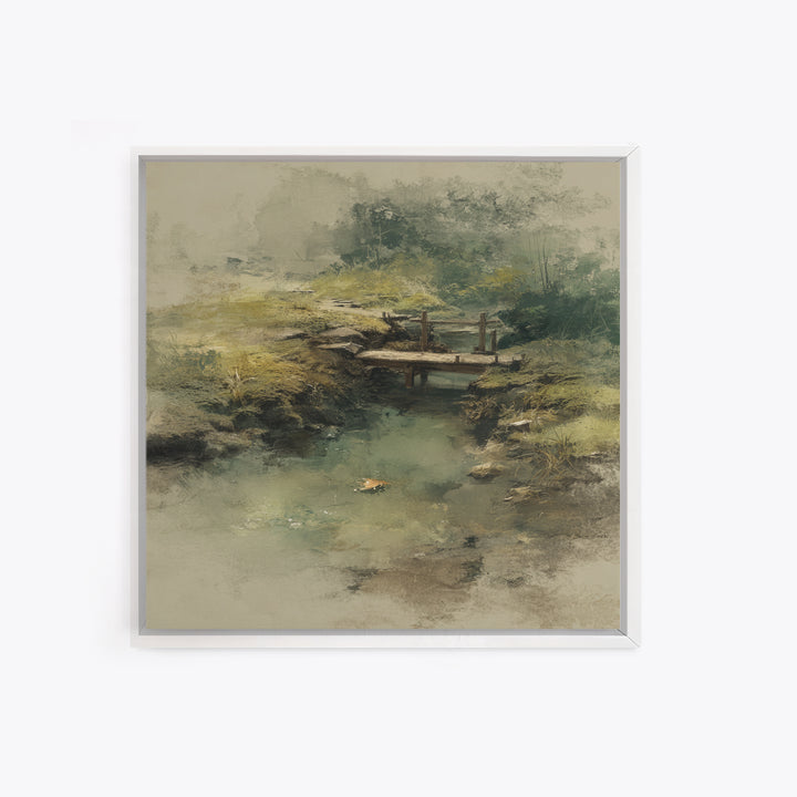 Misty Creek With Wooden Footbridge Watercolor Landscape Wall Art, Soft Nature Painting Print, Calming Home Decor Bedroom Art