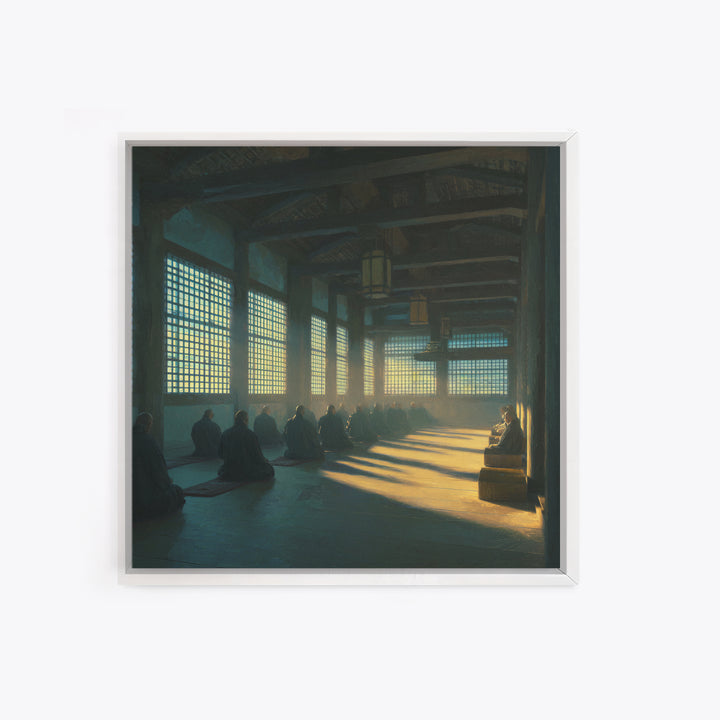 Zen Monastery Meditation Wall Art, Minimalist Monks In Light Print, Calming Spiritual Decor, Wabi Sabi Inspired Artwork For Living Room