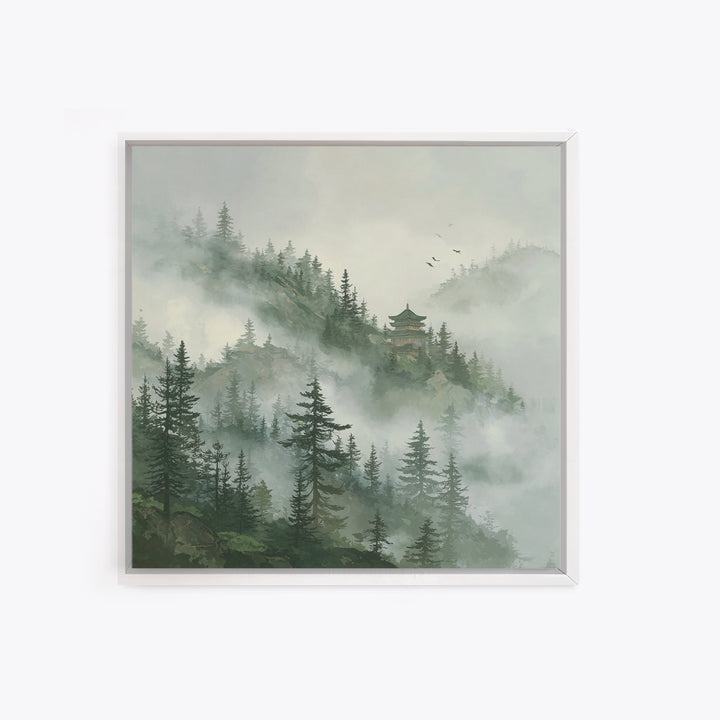 Misty Pine Forest With Distant Temple Painting Wall Art, Tranquil Mountain Landscape Print, Zen Japandi Nature Decor