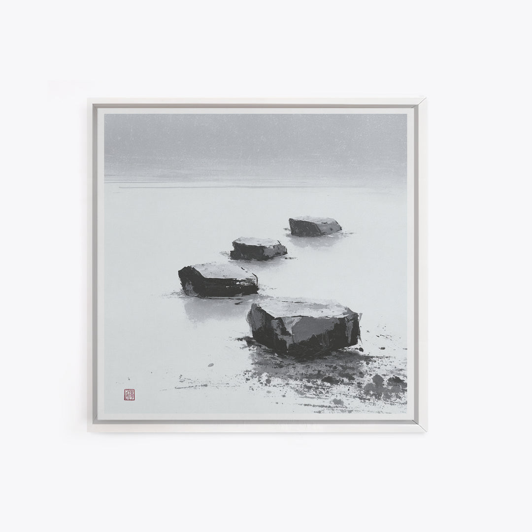 Minimal Zen Stepping Stones Wall Art, Black And White Japanese Canvas Print, Calming Wabi Sabi Decor For Home