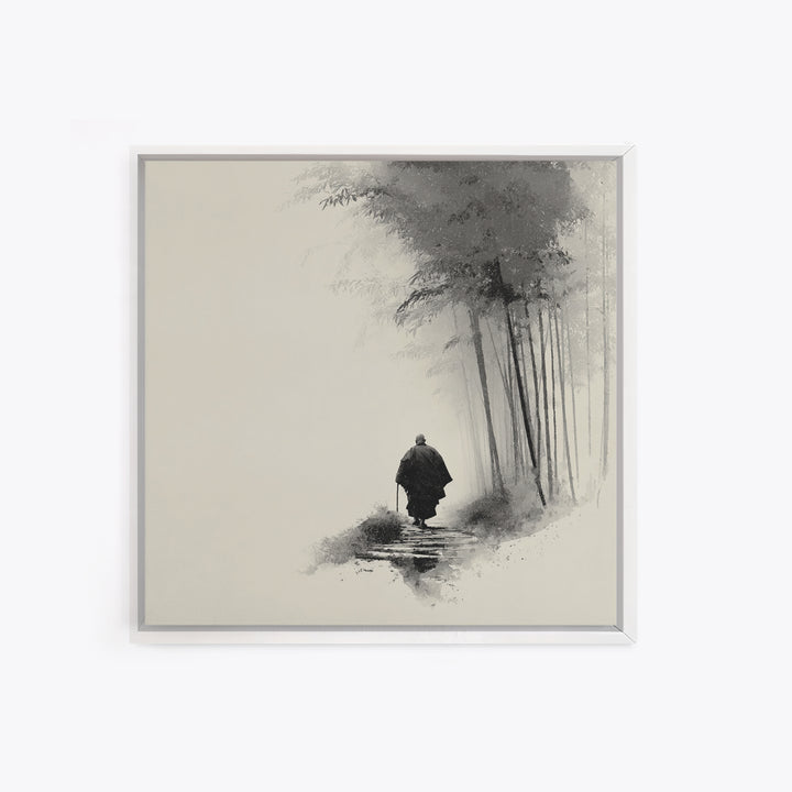 Minimalist Zen Monk Walking In Bamboo Fog Japanese Wall Art Black And White Print Japandi Decor Calming Wabi Sabi Artwork