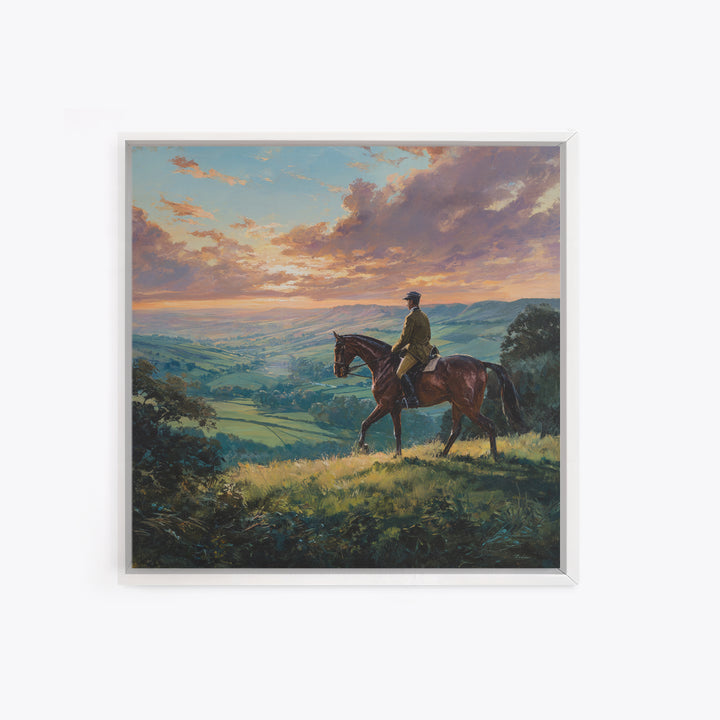 Equestrian Rider Over Rolling Countryside Wall Art, Sunset Landscape Painting, Horse Lover Decor, English Country Wall Art