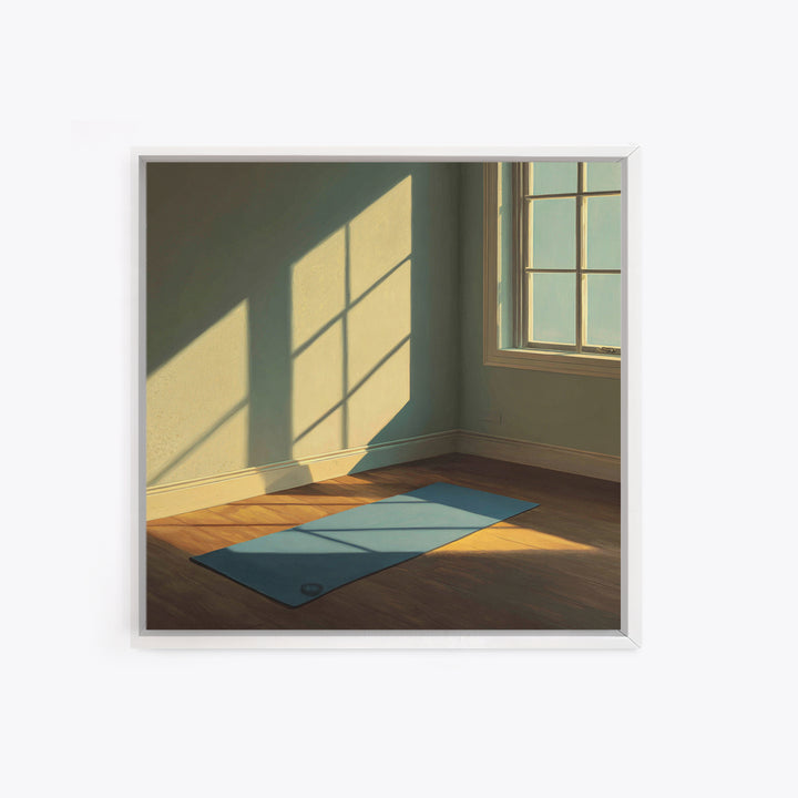 Minimal Sunlit Yoga Mat Wall Art, Serene Morning Light Framed Canvas Print, Mindful Home Decor, Zen Meditation Space