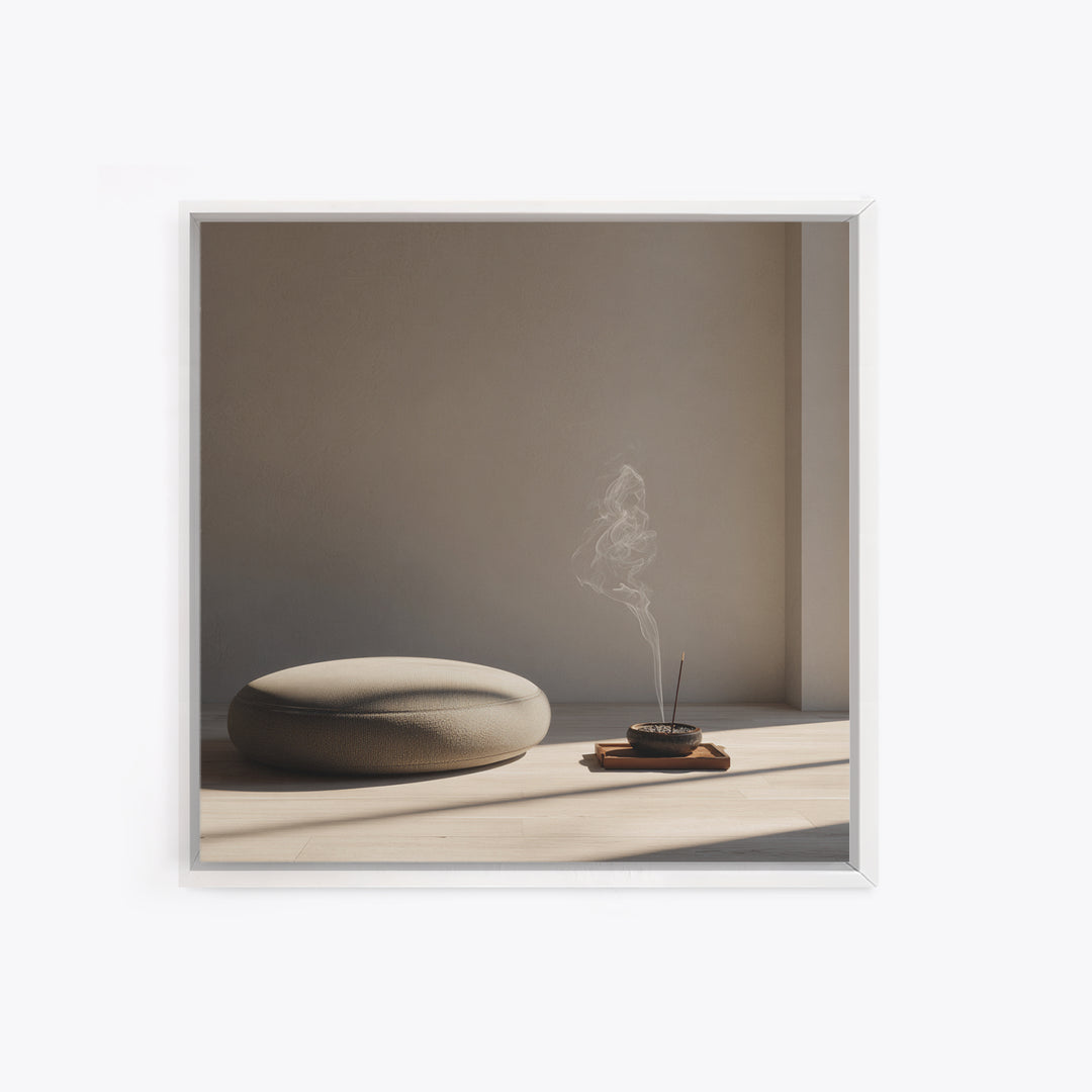Minimalist Zen Meditation Corner Wall Art, Japandi Style Sunlit Room Photography Print, Calming Neutral Home Decor Bedroom Art