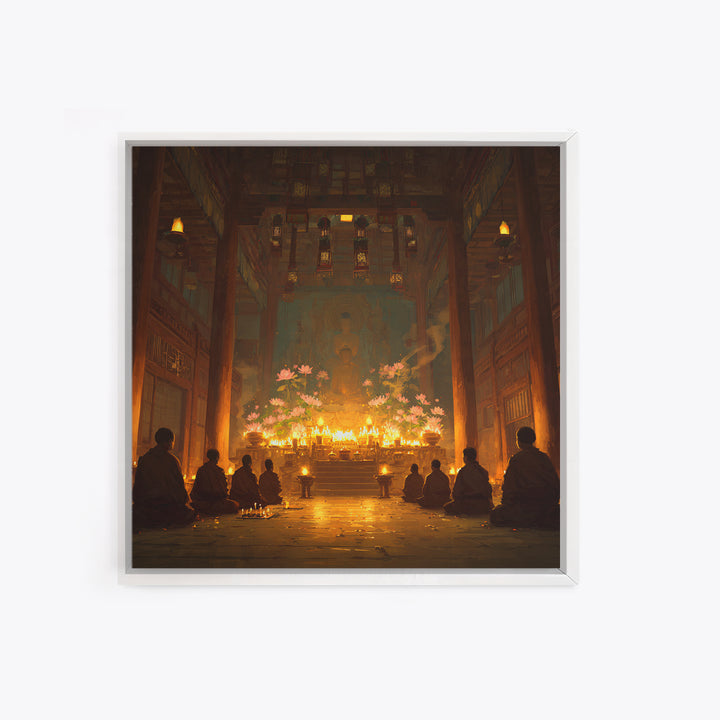 Golden Temple Meditation Wall Art, Monks And Candles Spiritual Print, Zen Decor, Calming Asian Inspired Artwork For Living Room Or Altar