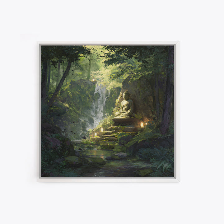 Zen Buddha By Forest Waterfall Wall Art, Tranquil Green Landscape Painting, Meditation Spiritual Decor, Calming Canvas Print