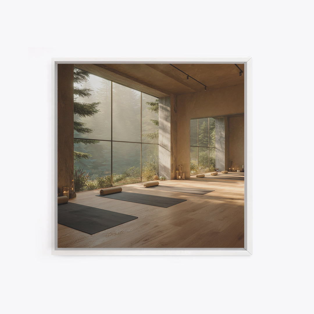 Zen Forest Yoga Studio Interior Wall Art, Serene Meditation Room Framed Canvas Print, Calming Minimalist Home Decor
