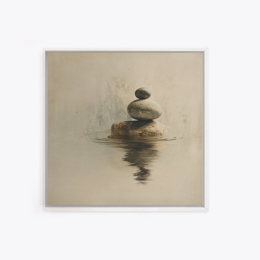 Minimal Zen Rock Stack In Still Water Wall Art, Neutral Japandi Canvas Print, Calming Wabi Sabi Decor For Modern Home