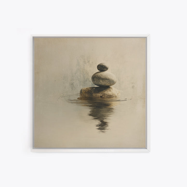 Minimal Zen Rock Stack In Still Water Wall Art, Neutral Japandi Canvas Print, Calming Wabi Sabi Decor For Modern Home