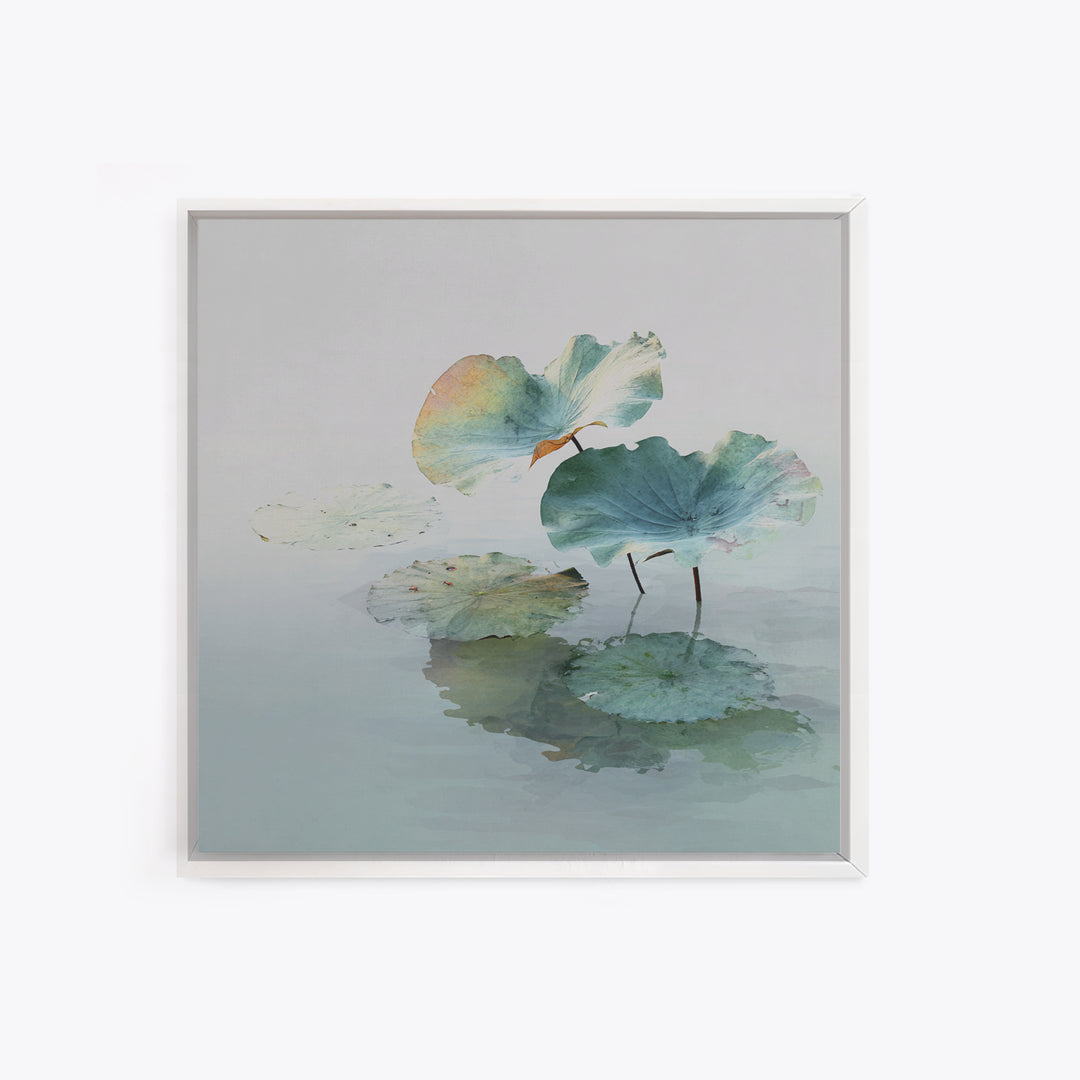 Minimalist Lotus Leaves Over Water Wall Art, Serene Zen Landscape Canvas Print, Japandi Neutral Home Decor