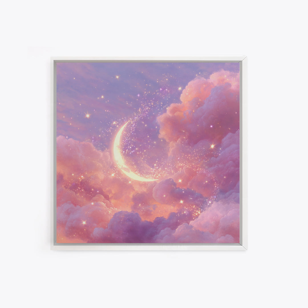 Glowing Crescent Moon In Pink Clouds Wall Art, Celestial Nursery Decor, Dreamy Space Art Print, Whimsical Bedroom Decor Gift