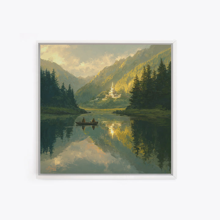 Misty Lake Temple Landscape Wall Art, Tranquil Boat Mountain Canvas Print, Serene Zen Nature Decor For Bedroom Or Living Room