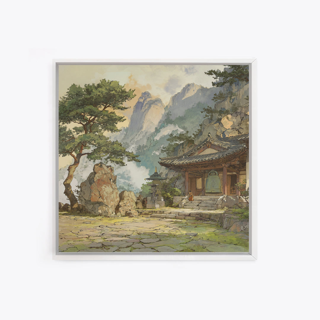 Japanese Landscape With Traditional Temple And Pine Trees Vintage Style Wall Art Framed Canvas Print