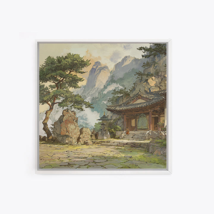 Japanese Landscape With Traditional Temple And Pine Trees Vintage Style Wall Art Framed Canvas Print