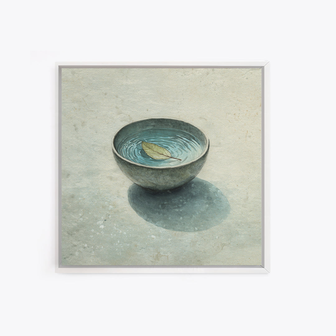Minimal Tea Bowl With Floating Leaf Watercolor Wall Art, Wabi Sabi Zen Canvas Print, Serene Japanese Inspired Decor