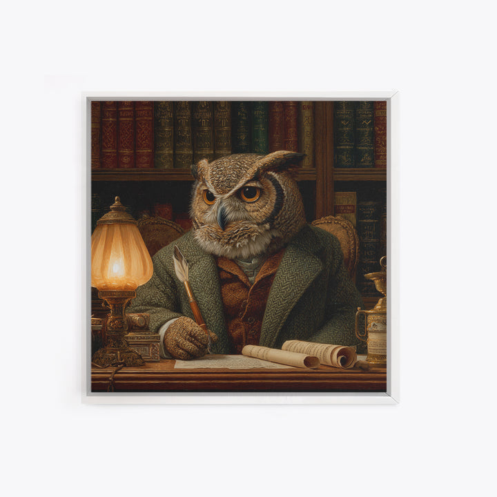 Scholar Owl In Antique Library Canvas Print, Whimsical Animal Wall Art, Dark Academia Office Decor, Book Lover Gift For Readers
